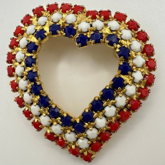 Vintage gold tone patriotic red blue white milk glass rhinestones heart brooch - Picture 1 of 6